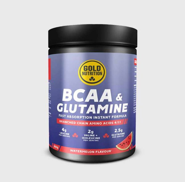 GoldNutrition BCAA and glutamine powder in a clear container with a scoop, showing the supplement's label and contents.