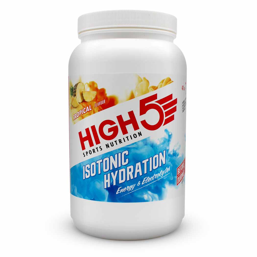 High5 isotonic hydration drink in a clear bottle with orange liquid, designed to replenish electrolytes and keep you hydrated.