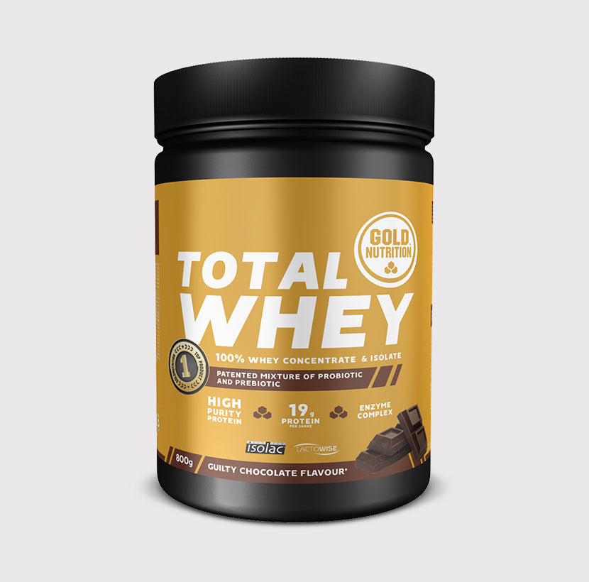 GoldNutrition Total Whey 800g protein powder tub showing Lactowise and label information.