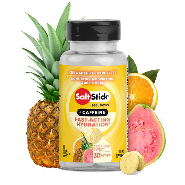 SaltStick Fastchews with Caffeine, energy-boosting electrolyte chews in colorful packaging, designed for hydration and alertness.