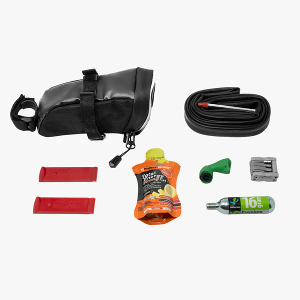 Medium Scicon cycling saddle bag mounted on a road bike seat, designed for storing essentials during rides.